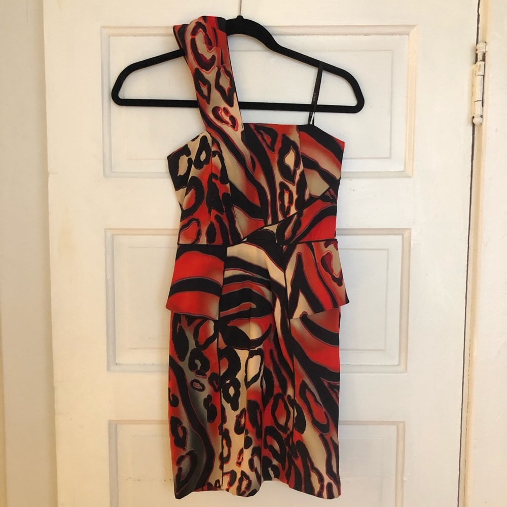 One-shoulder Red Leopard Cocktail Dress
